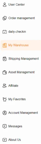 The account sidebar behind the HubbuyCN sign in: User Center, Order management, daily-checkin, My Warehouse, Shipping Management, Asset Management, Affiliate and My Favorites
