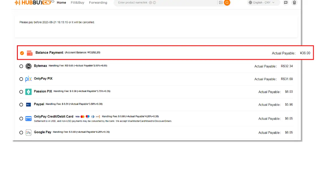 Historical payment choices showing separate handling-fee and actual-payable information